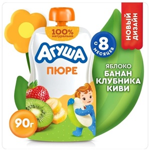 Агуша Детское пюре Яблоко-банан-клубника-киви 90 г, с 8 месяцев