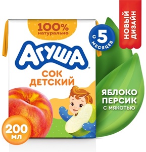 Агуша Детский сок яблоко, персик с мякотью 200 мл, с 5 месяцев