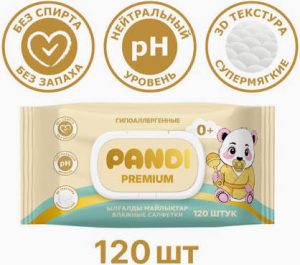 Детские влажные салфетки 120 штук Pandi premium