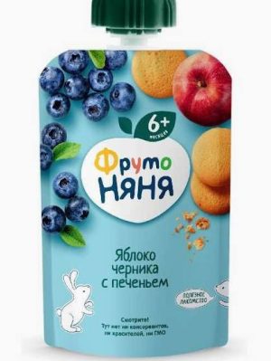 ФрутоНяня Детское пюре Яблоко-черника с печеньем 90 г, с 6 мес